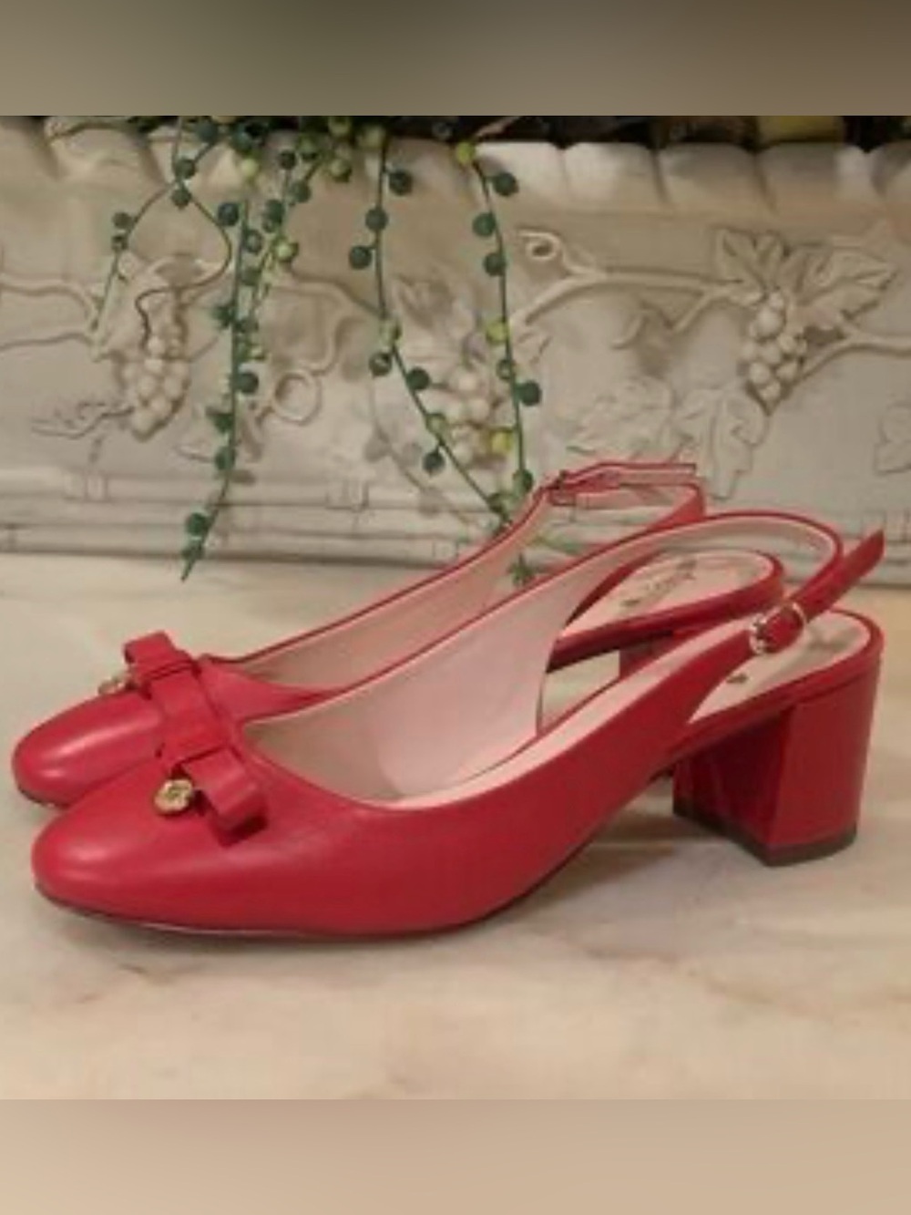 Kate Spade Bachata Red Leather Bow Slingback Pumps Block Low Heel Shoes Size 7.5